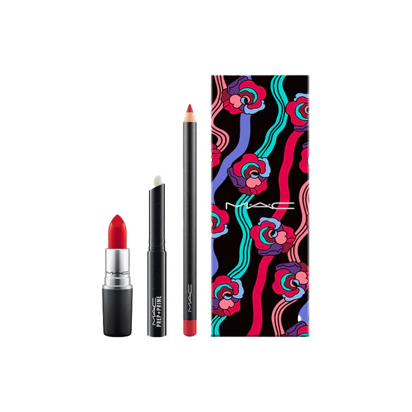 MAC Brave Red Kit - Lipstick (Brave Red) + Lip Pencil (Cherry) + Primer Kit - Colourless